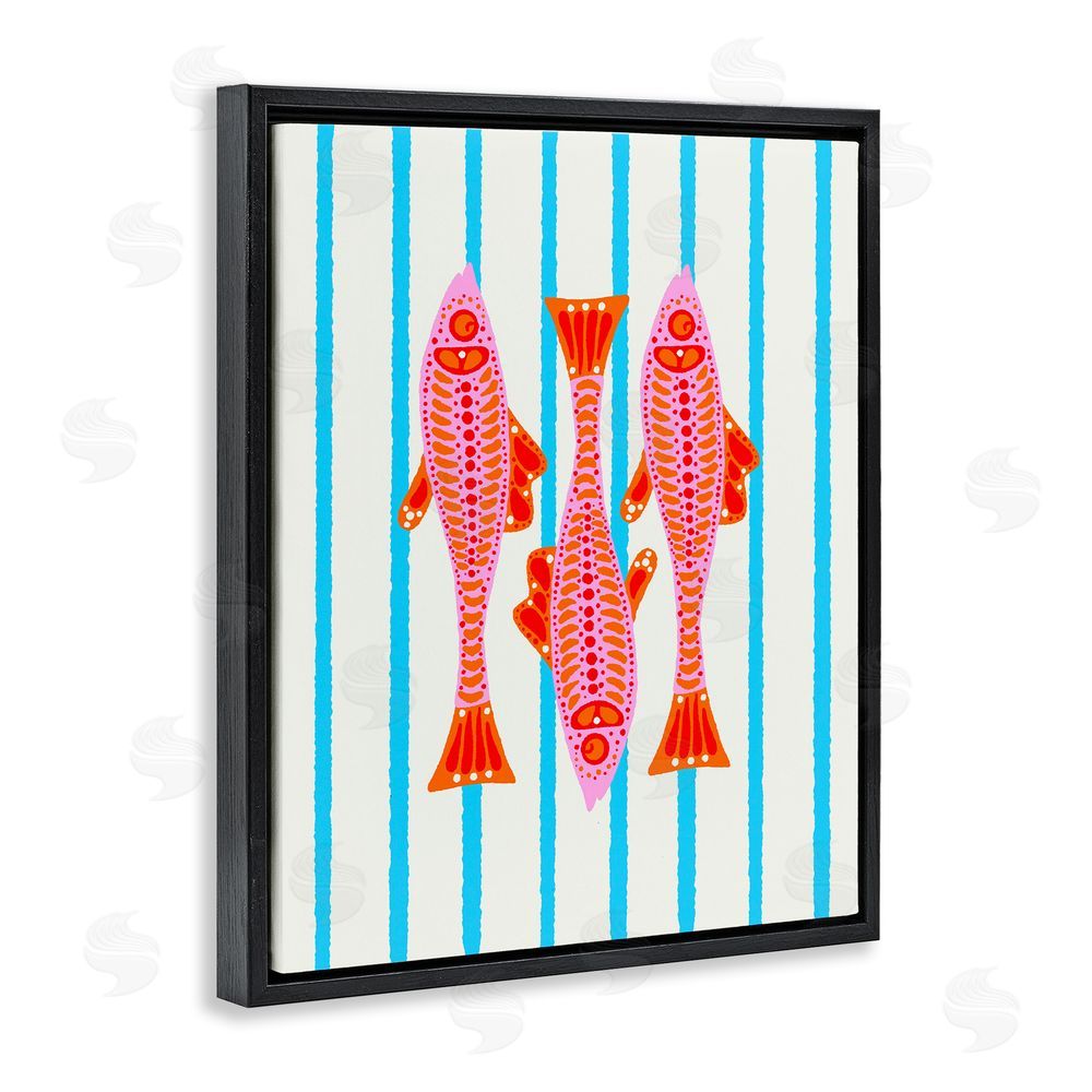 Indira Prieto | IndySign Bright Aquatic Fish on Stripes Black Floating Frame Canvas Wall Art Print