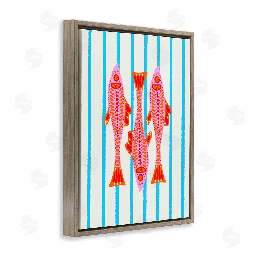Indira Prieto | IndySign Bright Aquatic Fish on Stripes Brown Floating Frame Canvas Wall Art Print