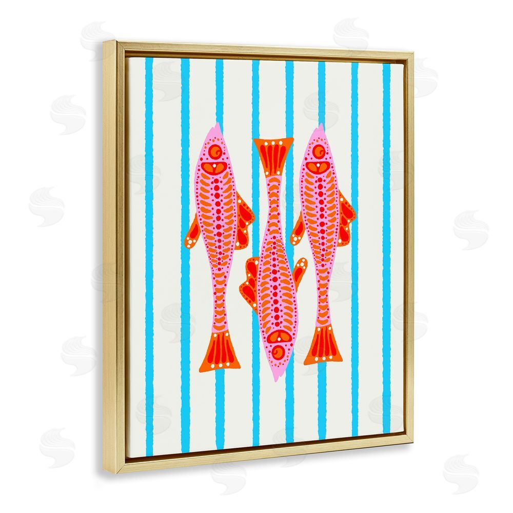 Indira Prieto | IndySign Bright Aquatic Fish on Stripes Gold Floating Frame Canvas Wall Art Print