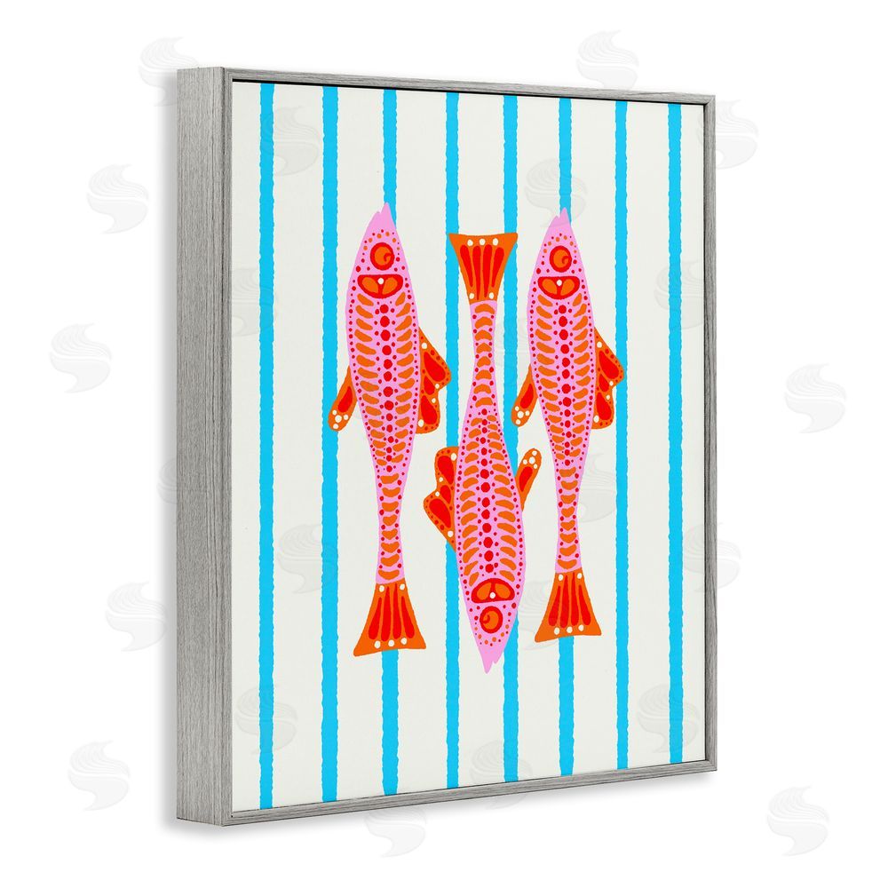 Indira Prieto | IndySign Bright Aquatic Fish on Stripes Gray Framed Giclee Wall Art Print