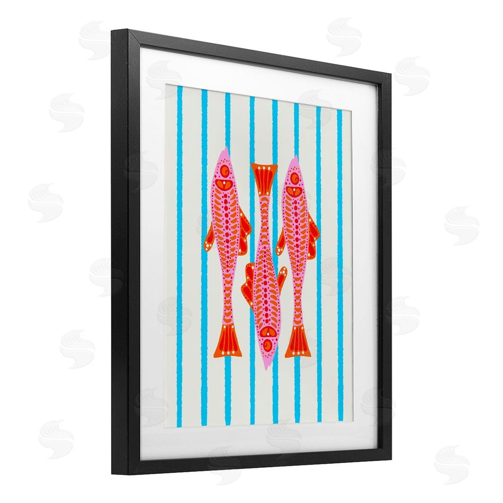 Indira Prieto | IndySign Bright Aquatic Fish on Stripes Black Framed Print Under Glass Wall Art