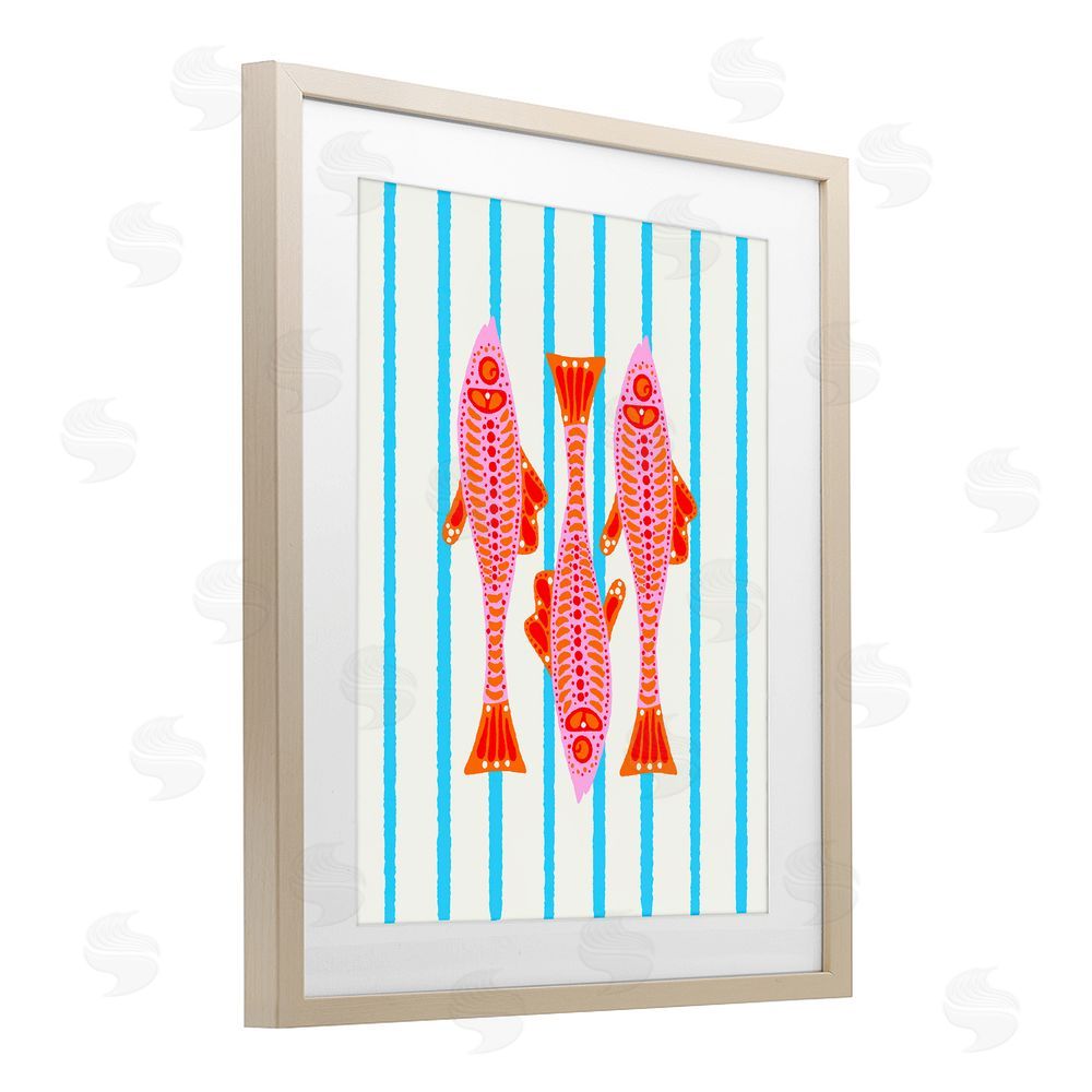 Indira Prieto | IndySign Bright Aquatic Fish on Stripes Brown Framed Print Under Glass Wall Art