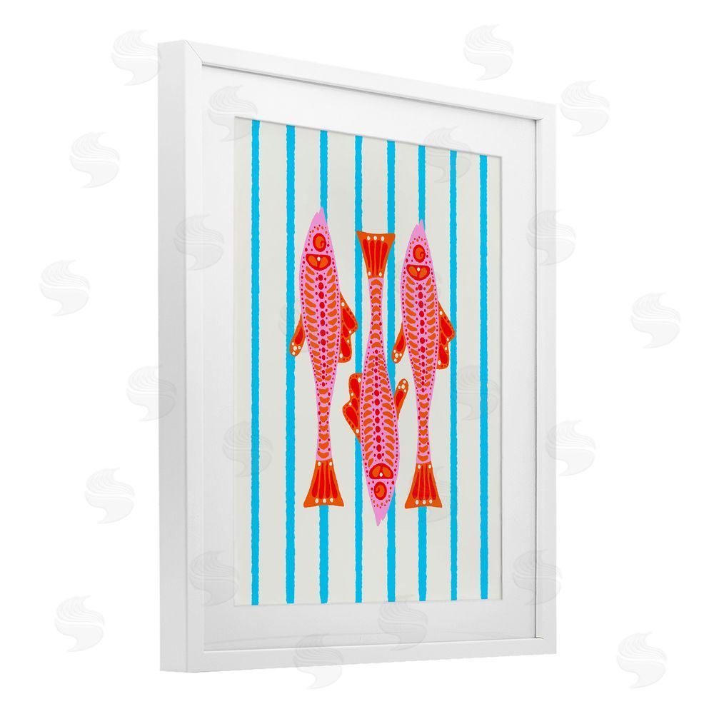 Indira Prieto | IndySign Bright Aquatic Fish on Stripes White Framed Print Under Glass Wall Art