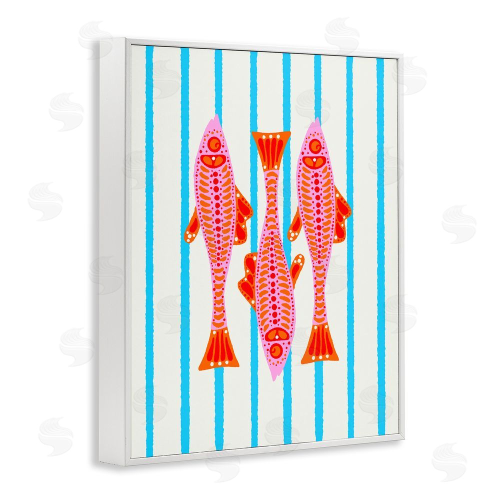 Indira Prieto | IndySign Bright Aquatic Fish on Stripes White Framed Giclee Wall Art Print