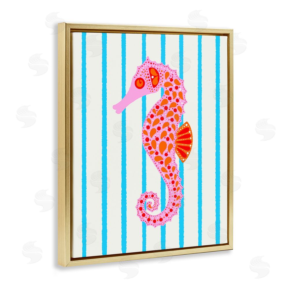Indira Prieto | IndySign Boho Seahorse on Stripes Gold Floating Frame Canvas Wall Art Print