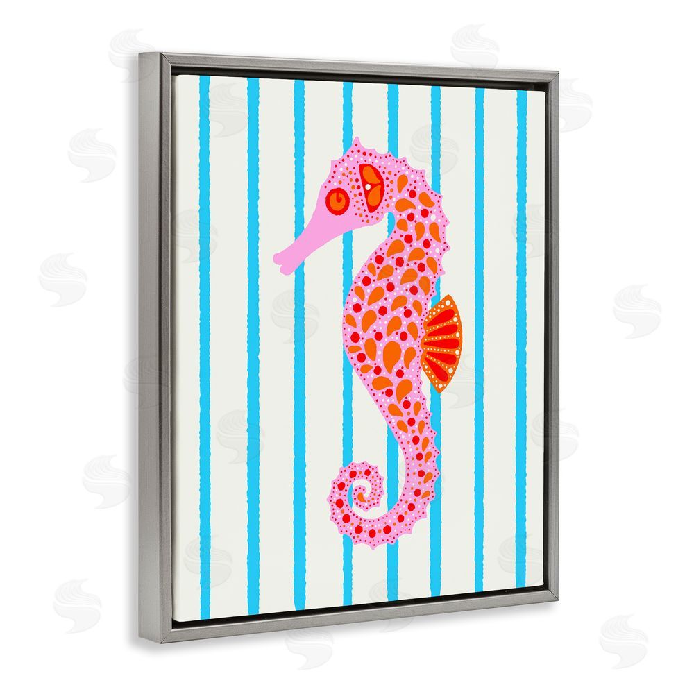 Indira Prieto | IndySign Boho Seahorse on Stripes Gray Floating Frame Canvas Wall Art Print