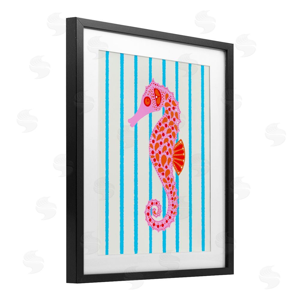 Indira Prieto | IndySign Boho Seahorse on Stripes Black Framed Print Under Glass Wall Art