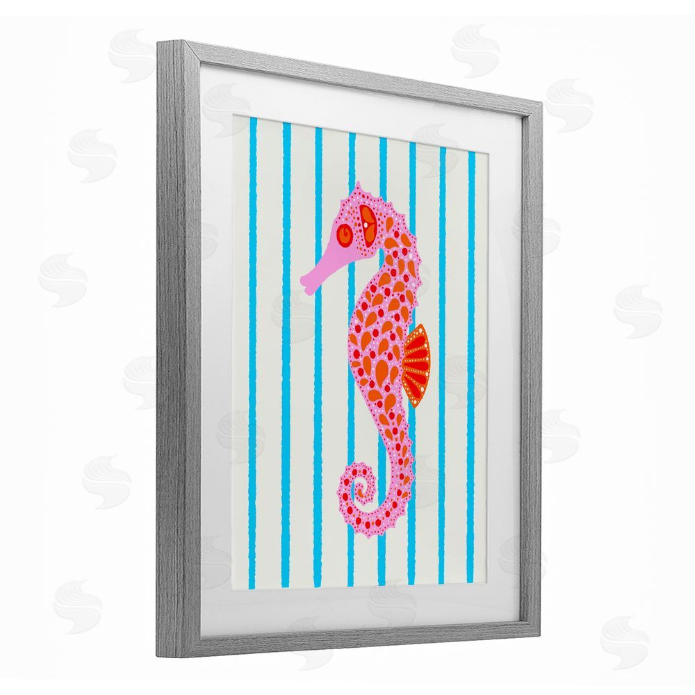 Indira Prieto | IndySign Boho Seahorse on Stripes Gray Framed Print Under Glass Wall Art