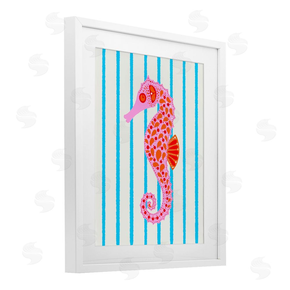 Indira Prieto | IndySign Boho Seahorse on Stripes White Framed Print Under Glass Wall Art