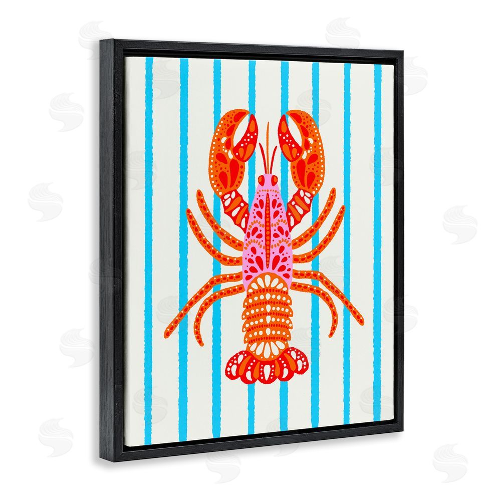 Indira Prieto | IndySign Bright Boho Lobster on Stripes Black Floating Frame Canvas Wall Art Print