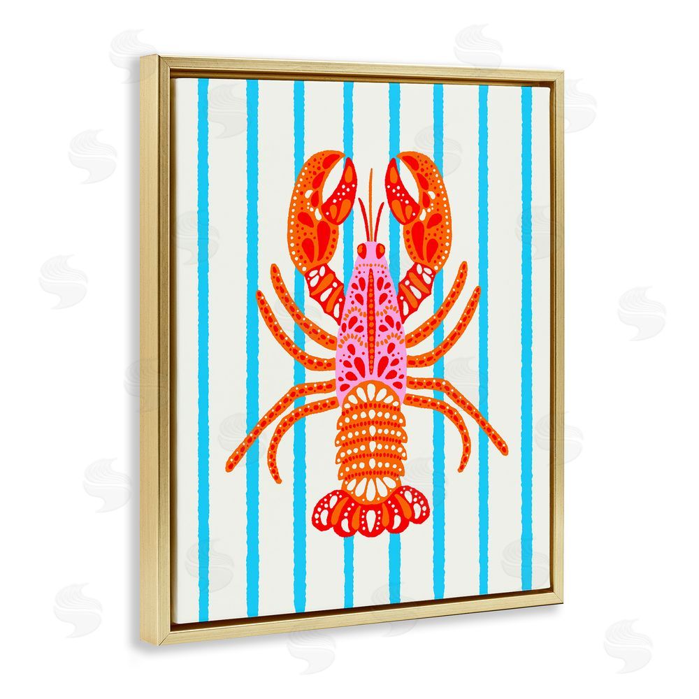 Indira Prieto | IndySign Bright Boho Lobster on Stripes Gold Floating Frame Canvas Wall Art Print