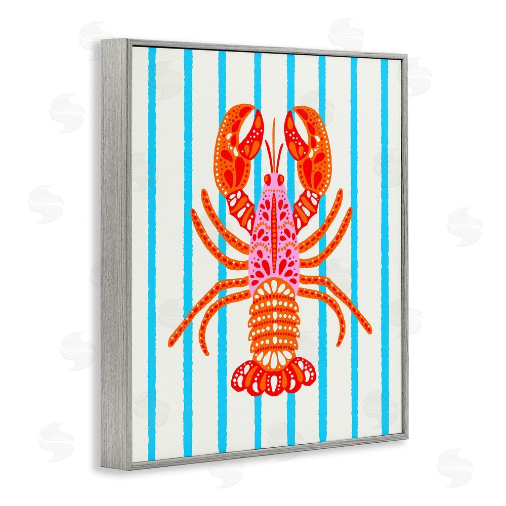 Indira Prieto | IndySign Bright Boho Lobster on Stripes Gray Framed Giclee Wall Art Print
