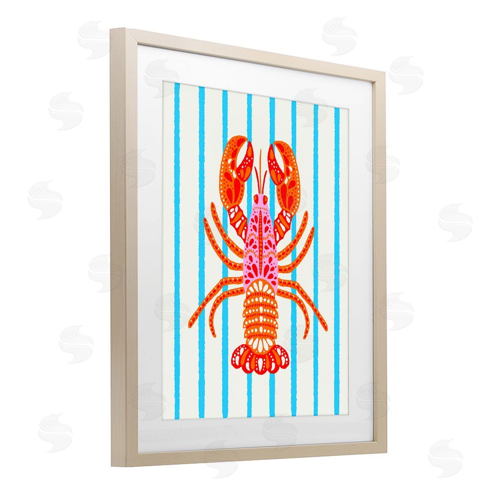 Indira Prieto | IndySign Bright Boho Lobster on Stripes Brown Framed Print Under Glass Wall Art