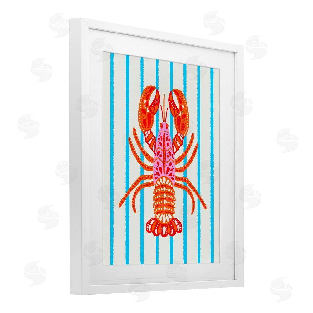 Indira Prieto | IndySign Bright Boho Lobster on Stripes White Framed Print Under Glass Wall Art