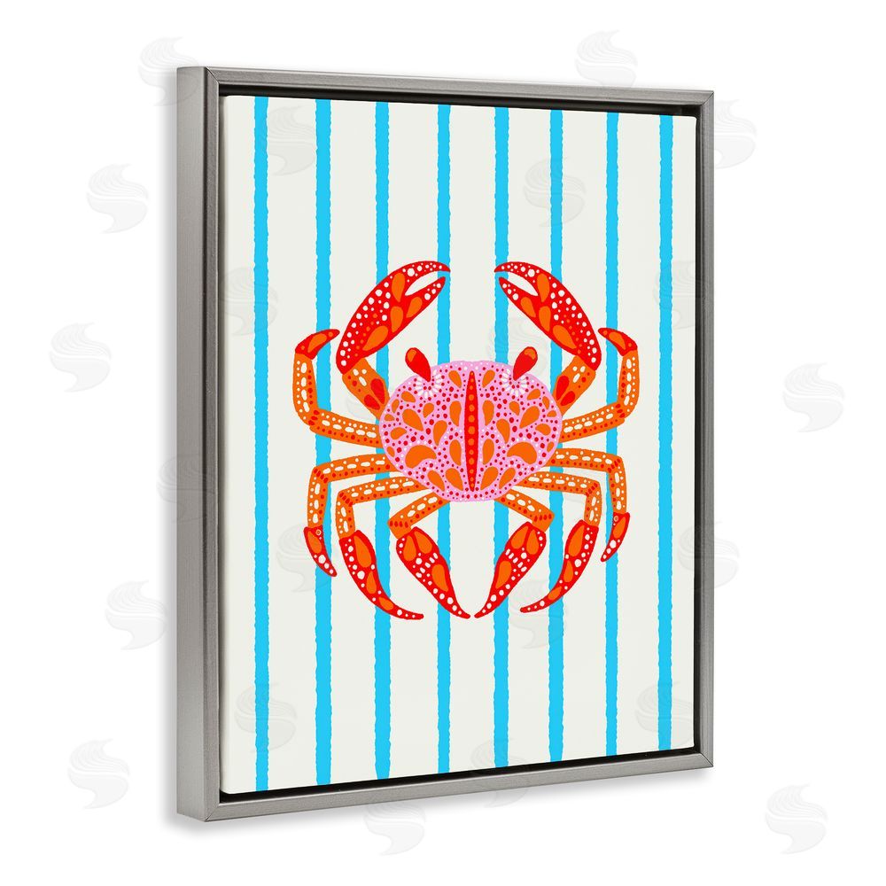 Indira Prieto | IndySign Bright Crab on Stripes Gray Floating Frame Canvas Wall Art Print