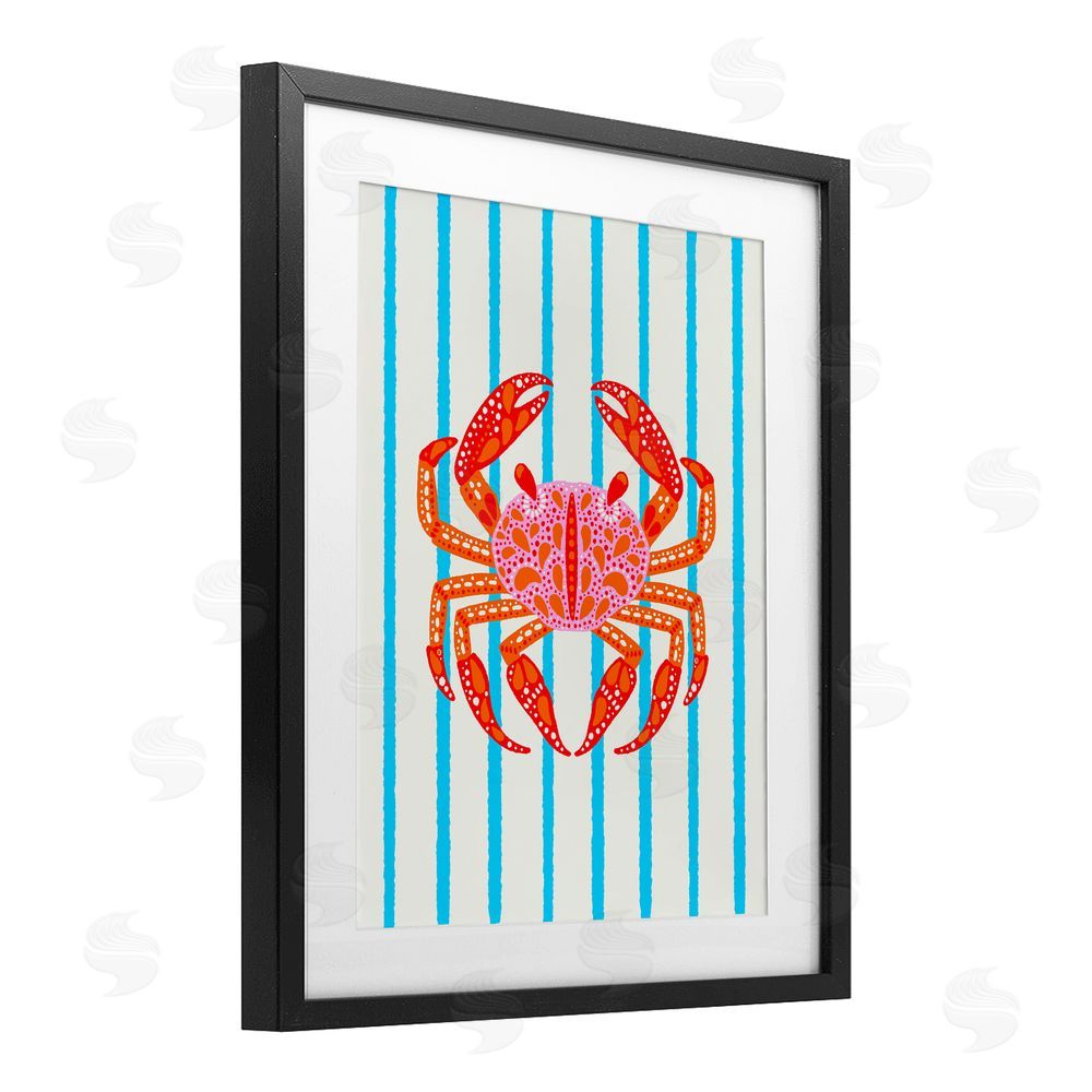 Indira Prieto | IndySign Bright Crab on Stripes Black Framed Print Under Glass Wall Art