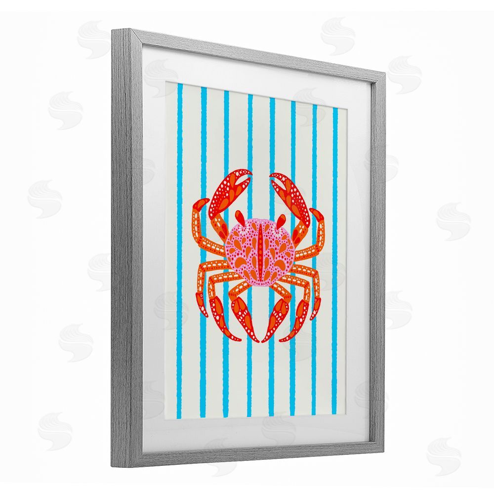 Indira Prieto | IndySign Bright Crab on Stripes Gray Framed Print Under Glass Wall Art