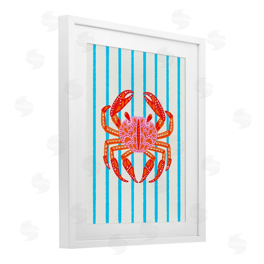 Indira Prieto | IndySign Bright Crab on Stripes White Framed Print Under Glass Wall Art