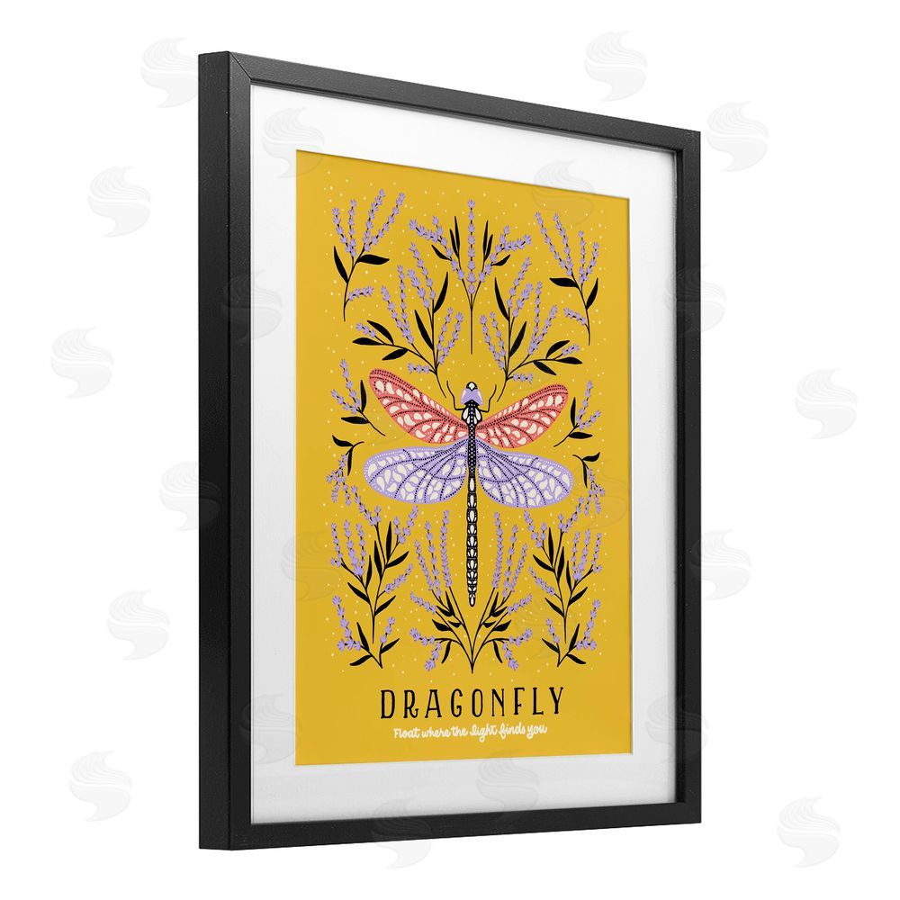 Indira Prieto | IndySign Dragonfly Symmetry on Yellow Black Framed Print Under Glass Wall Art