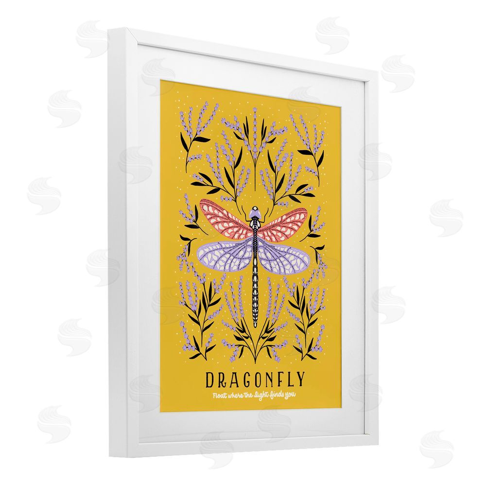 Indira Prieto | IndySign Dragonfly Symmetry on Yellow White Framed Print Under Glass Wall Art