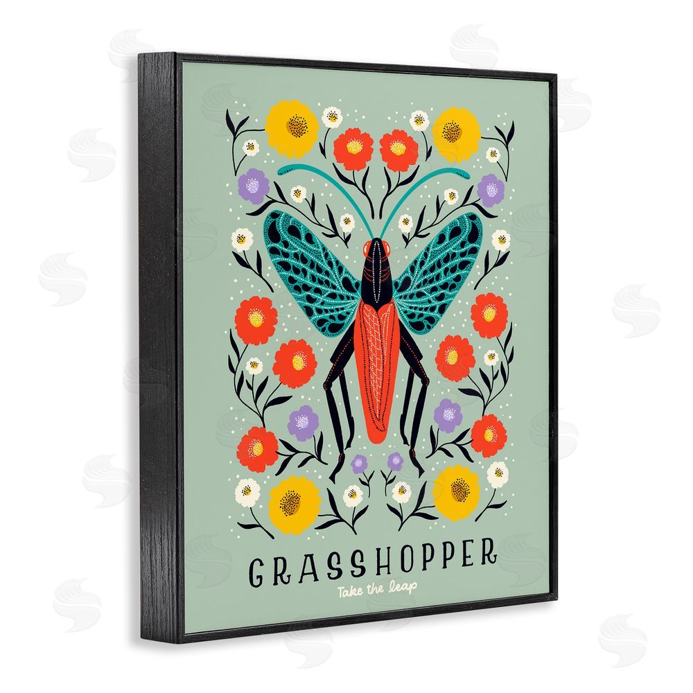 Indira Prieto | IndySign Symmetrical Grasshopper with Blooms Black Framed Giclee Wall Art Print