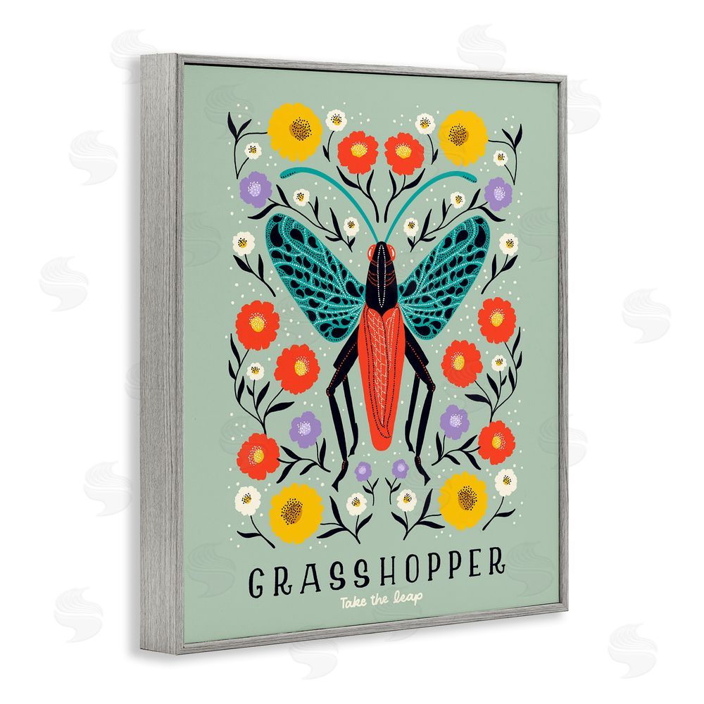 Indira Prieto | IndySign Symmetrical Grasshopper with Blooms Gray Framed Giclee Wall Art Print