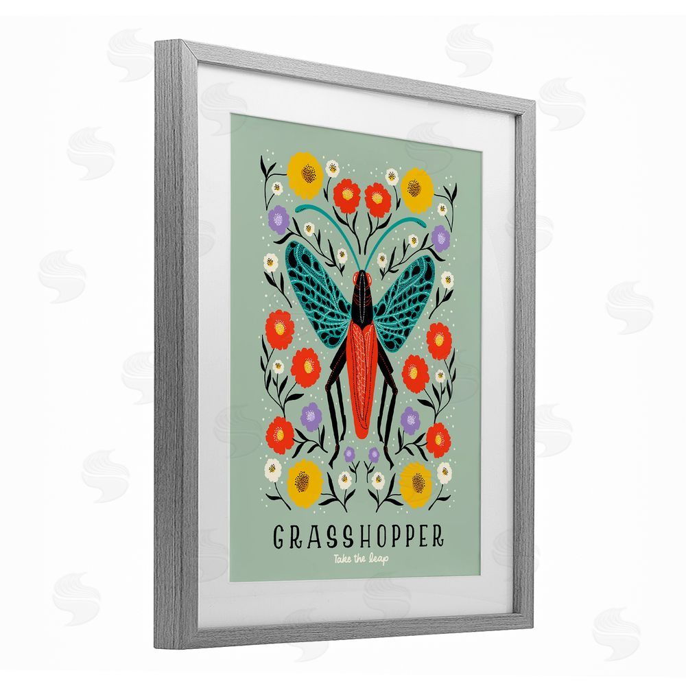 Indira Prieto | IndySign Symmetrical Grasshopper with Blooms Gray Framed Print Under Glass Wall Art