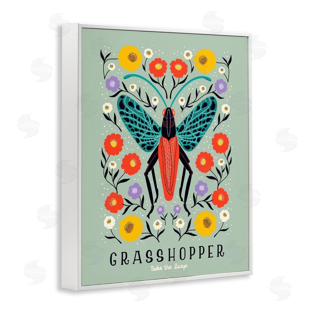 Indira Prieto | IndySign Symmetrical Grasshopper with Blooms White Framed Giclee Wall Art Print