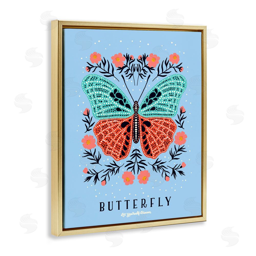 Indira Prieto | IndySign Butterfly Symmetry on Blue Gold Floating Frame Canvas Wall Art Print