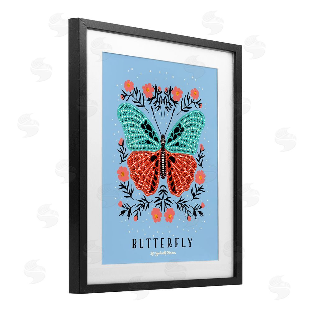 Indira Prieto | IndySign Butterfly Symmetry on Blue Black Framed Print Under Glass Wall Art
