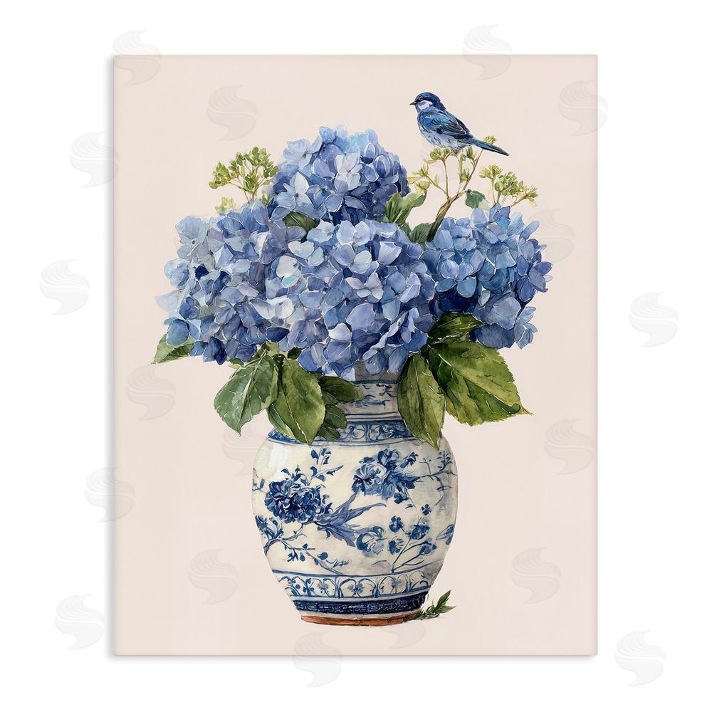 Imagine It Images Songbird Perched on Hydrangeas Stretched Canvas Wall Art Print