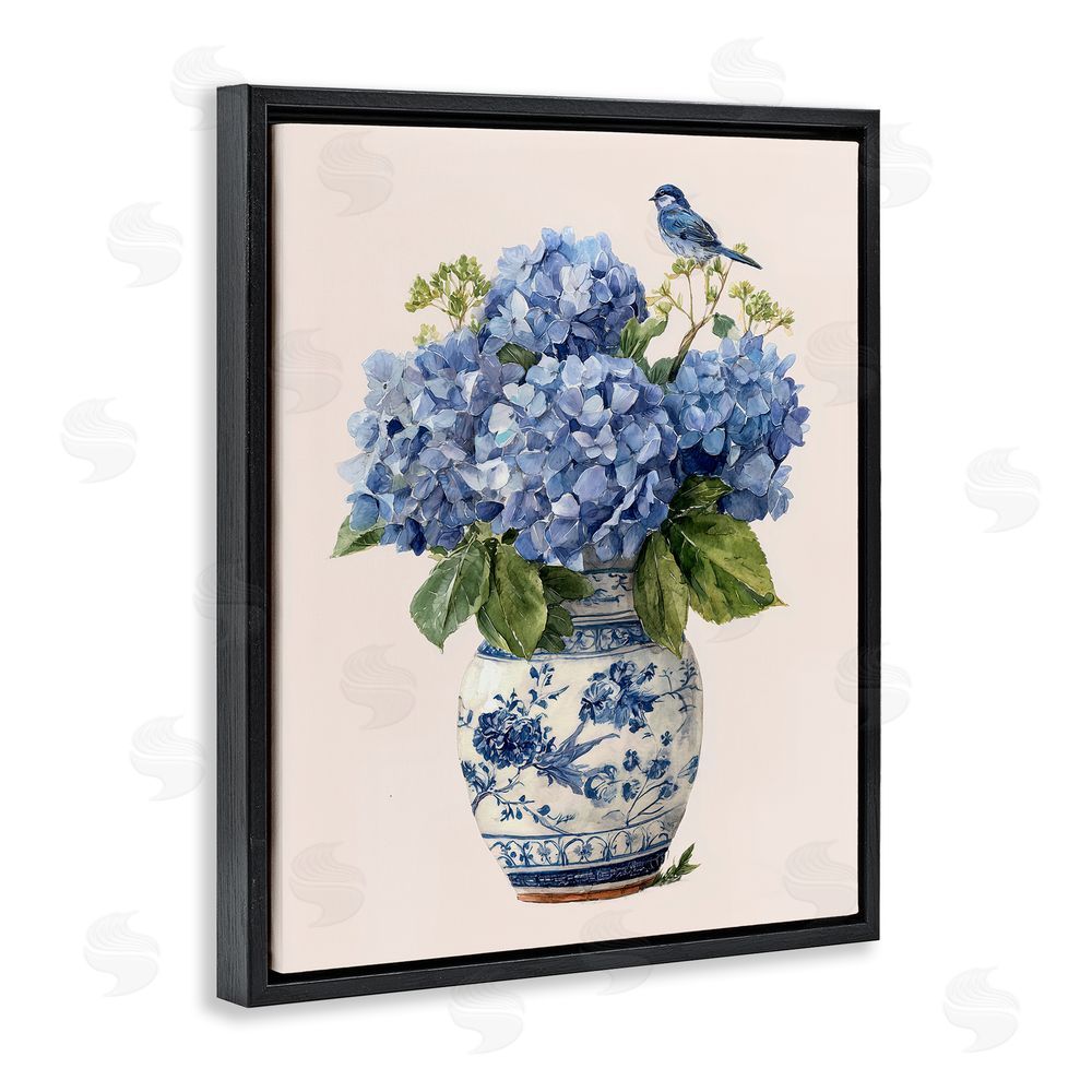 Imagine It Images Songbird Perched on Hydrangeas Black Floating Frame Canvas Wall Art Print