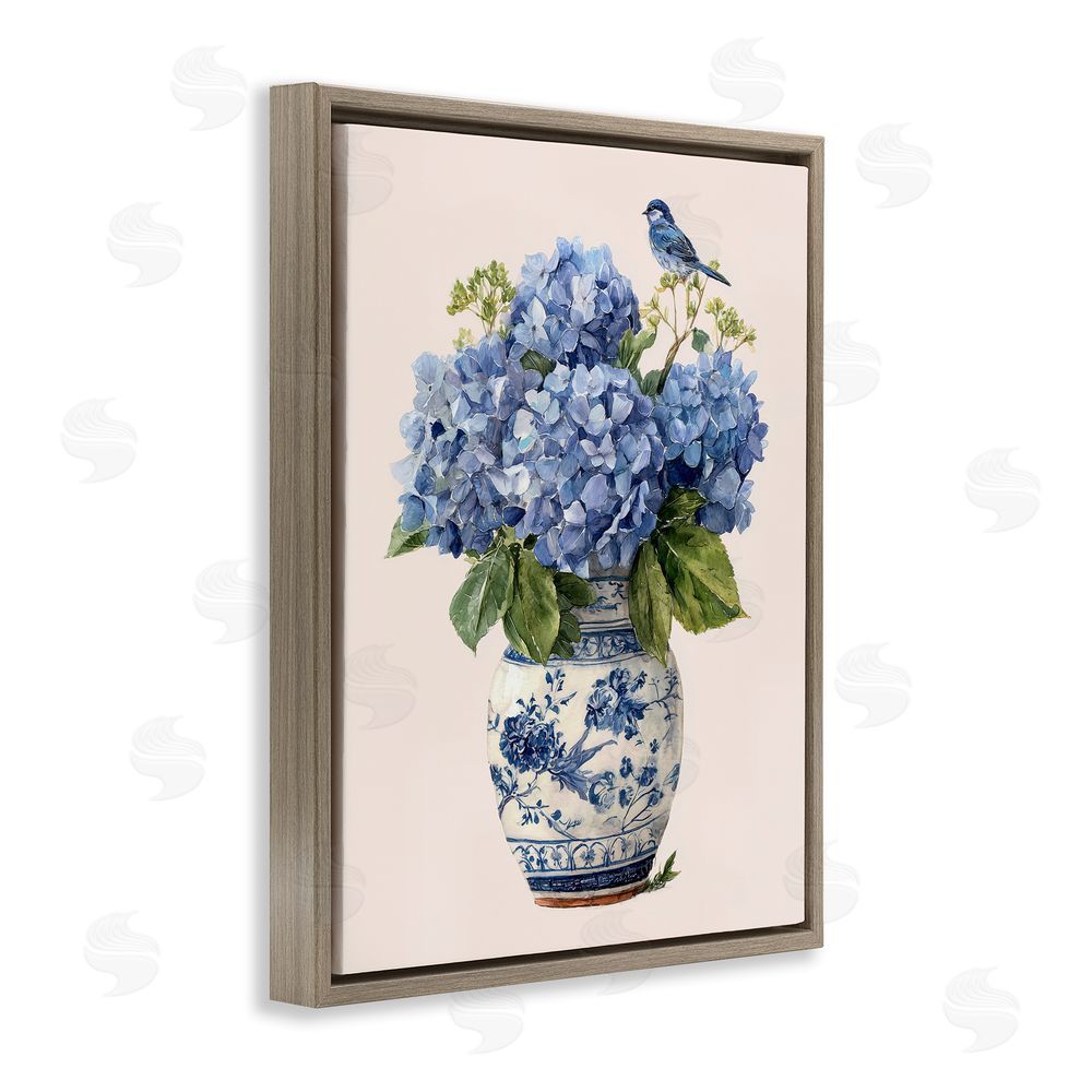 Imagine It Images Songbird Perched on Hydrangeas Brown Floating Frame Canvas Wall Art Print