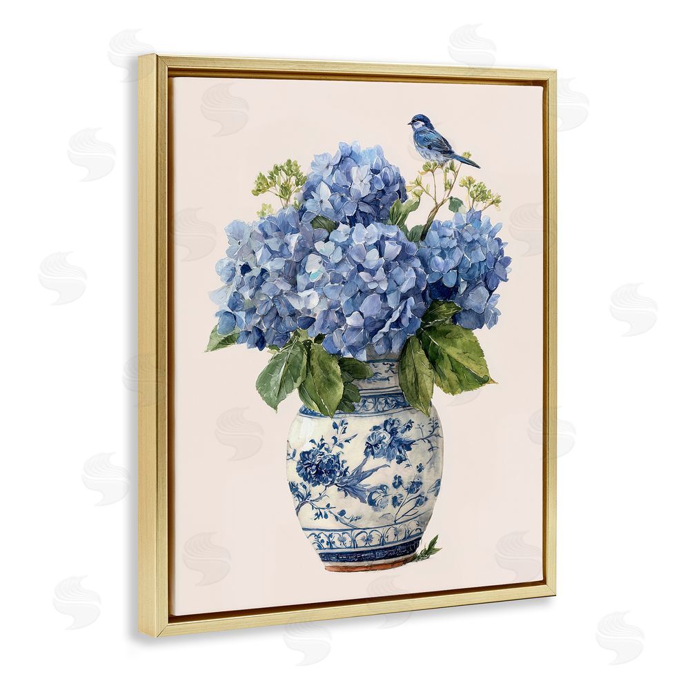 Imagine It Images Songbird Perched on Hydrangeas Gold Floating Frame Canvas Wall Art Print