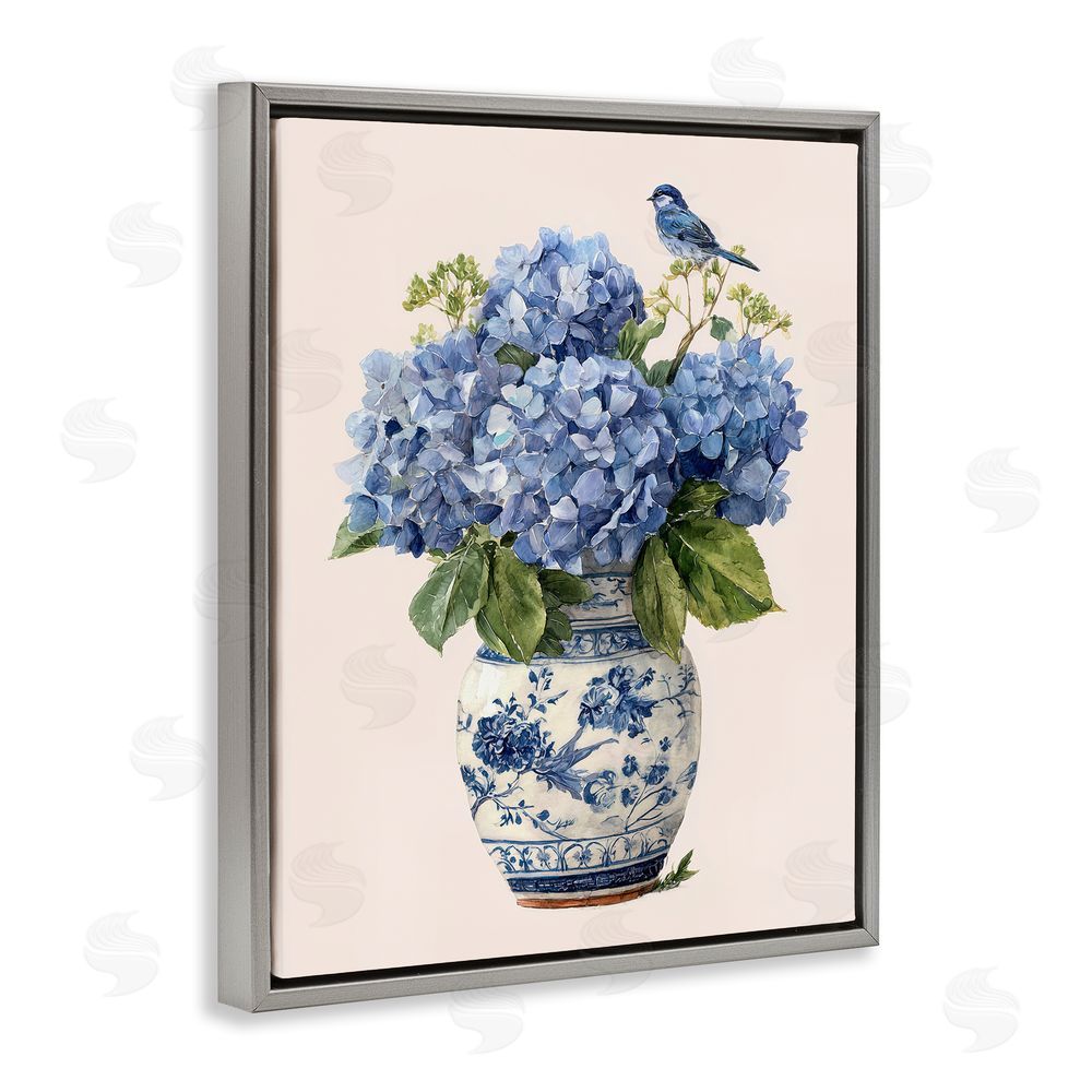 Imagine It Images Songbird Perched on Hydrangeas Gray Floating Frame Canvas Wall Art Print