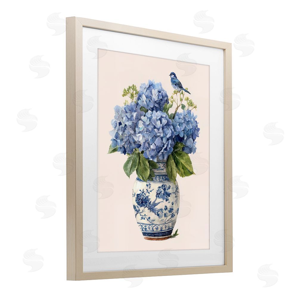 Imagine It Images Songbird Perched on Hydrangeas Brown Framed Print Under Glass Wall Art