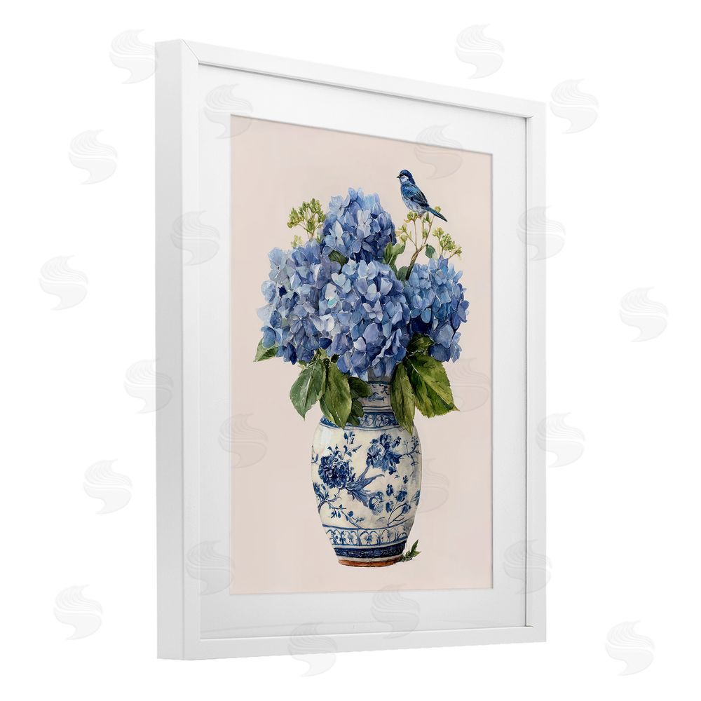 Imagine It Images Songbird Perched on Hydrangeas White Framed Print Under Glass Wall Art