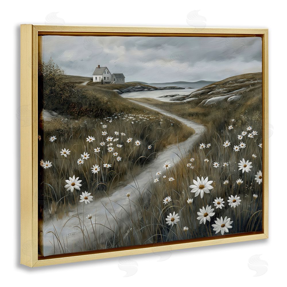 Imagine It Images Daisies Along Coastal Path Gold Floating Frame Canvas Wall Art Print