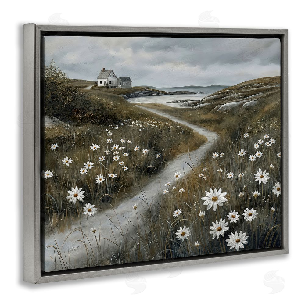 Imagine It Images Daisies Along Coastal Path Gray Floating Frame Canvas Wall Art Print