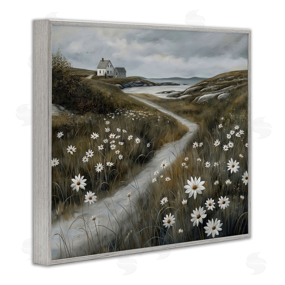 Imagine It Images Daisies Along Coastal Path Gray Framed Giclee Wall Art Print