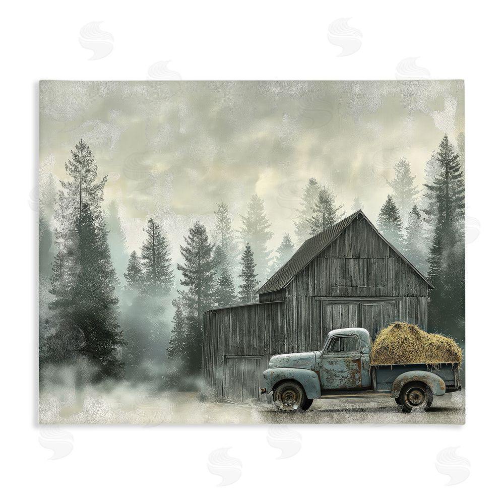Imagine It Images Vintage Pickup at Misty Barn Stretched Canvas Wall Art Print