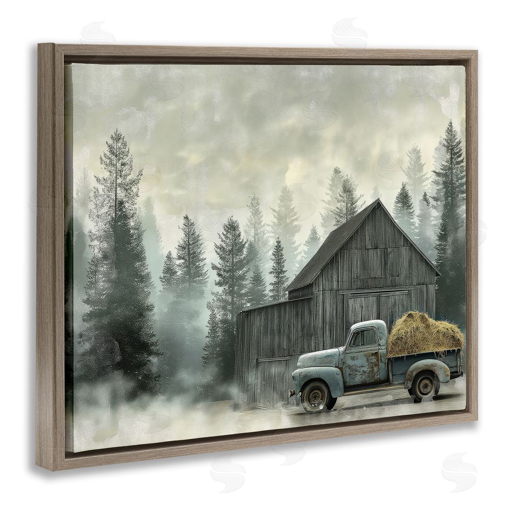 Imagine It Images Vintage Pickup at Misty Barn Brown Floating Frame Canvas Wall Art Print