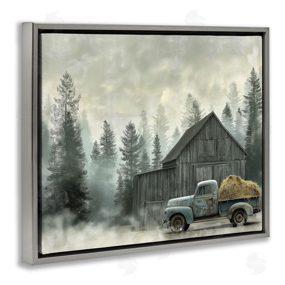 Imagine It Images Vintage Pickup at Misty Barn Gray Floating Frame Canvas Wall Art Print