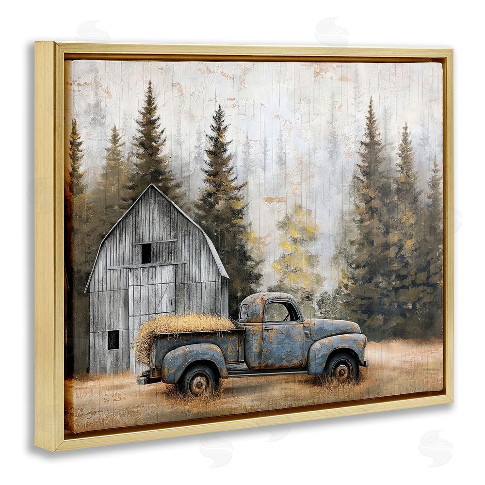 Imagine It Images Autumn Barn & Pine Forest Gold Floating Frame Canvas Wall Art Print