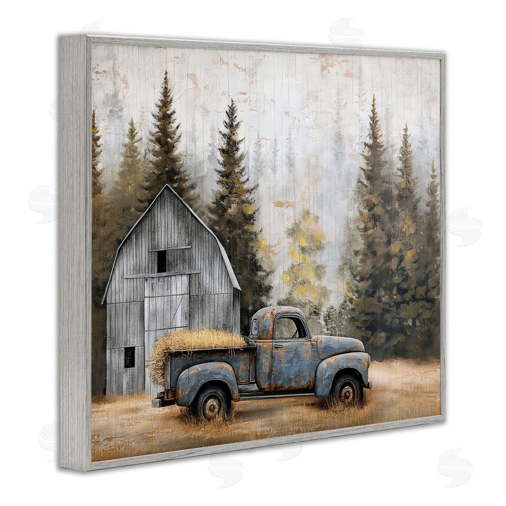 Imagine It Images Autumn Barn & Pine Forest Gray Framed Giclee Wall Art Print