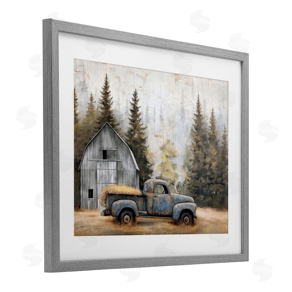 Imagine It Images Autumn Barn & Pine Forest Gray Framed Print Under Glass Wall Art
