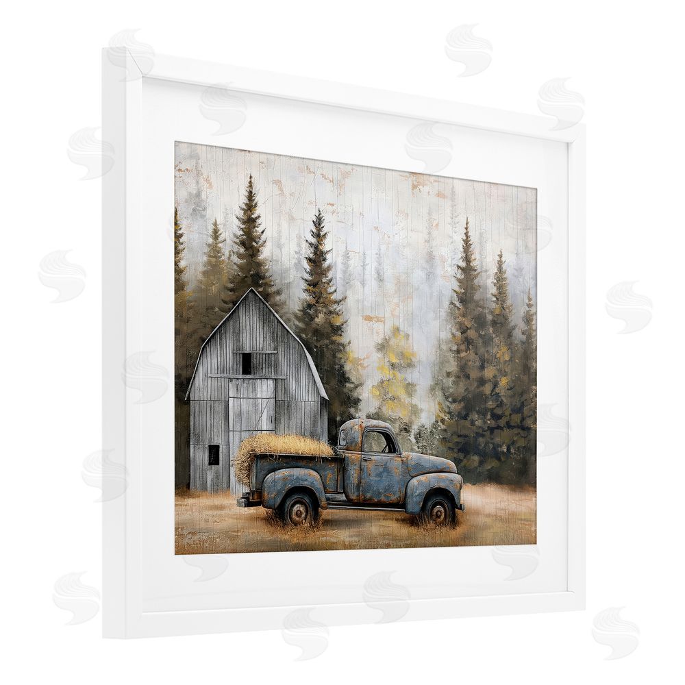 Imagine It Images Autumn Barn & Pine Forest White Framed Print Under Glass Wall Art