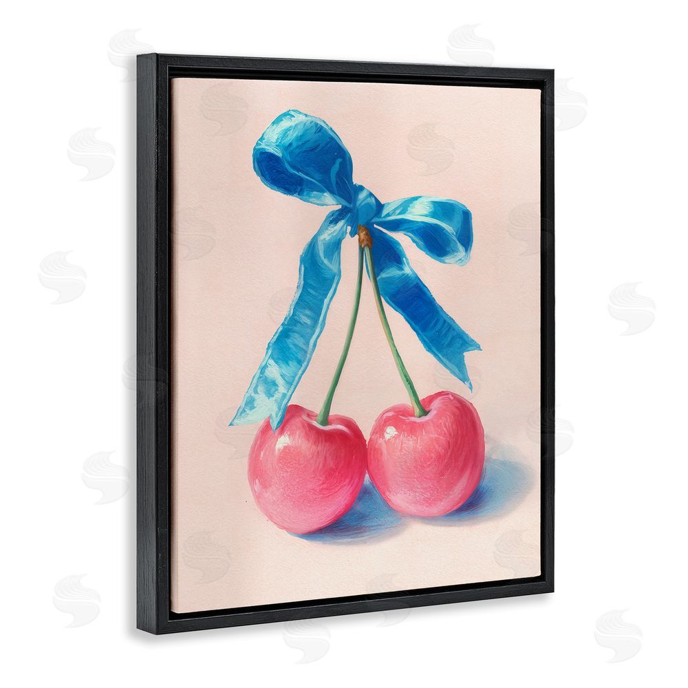 Imagine It Images Twin Cherries with Blue Ribbon Black Floating Frame Canvas Wall Art Print