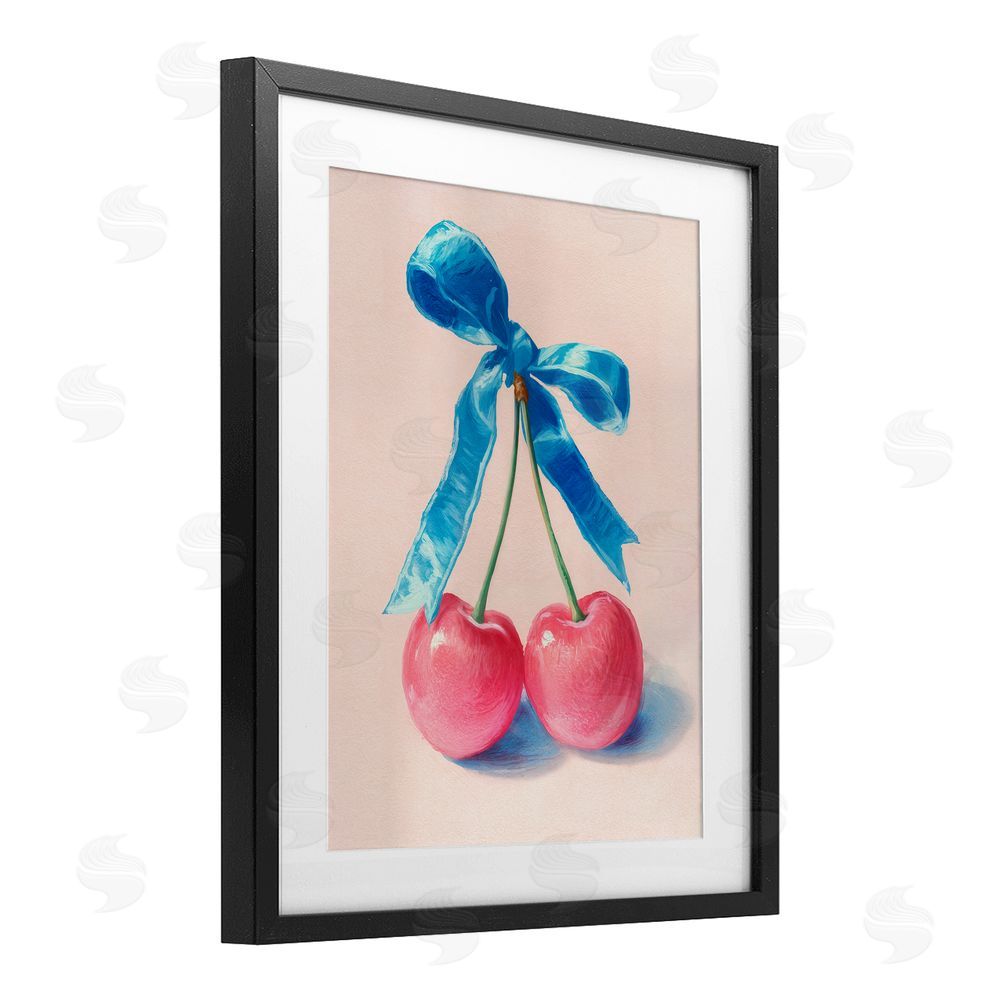 Imagine It Images Twin Cherries with Blue Ribbon Black Framed Print Under Glass Wall Art