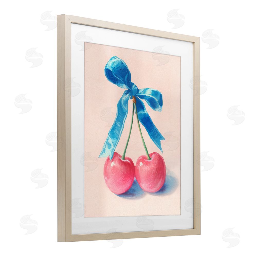 Imagine It Images Twin Cherries with Blue Ribbon Brown Framed Print Under Glass Wall Art